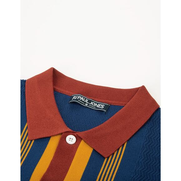 NWT PJ PAUL JONES Men’s 70s Vintage Knit Polo Shirt – Dark Blue, Small - Picture 4 of 6